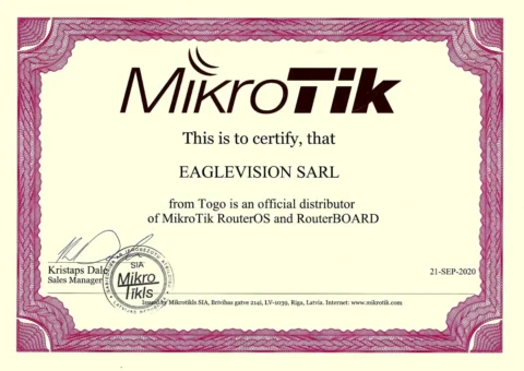 Certificat de distributeur officiel MikroTik d’EAGLEVISION SARL