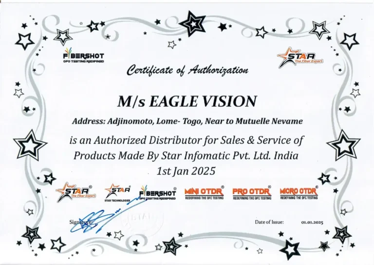 Certificat d’autorisation Star Infomatic Pvt. Ltd. : EagleVision distributeur agréé pour la vente et le service des produits Star Technologies