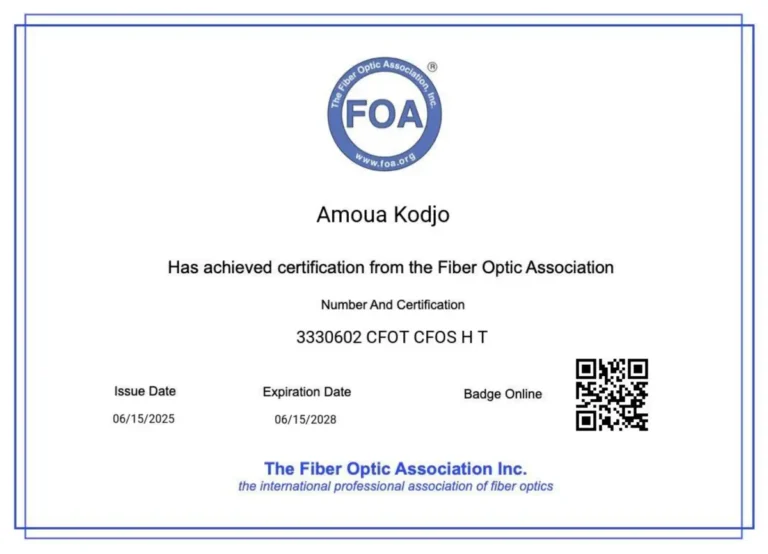 Certificat de la Fiber Optic Association n° 3330602 : certifications CFOT, CFOS/H et CFOS/T